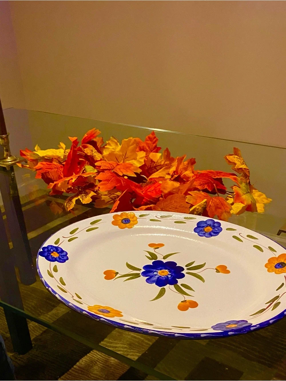 Vintage Furio Made in Italy Ceramic Floral Large 16”x13” Platter, White & Blue.